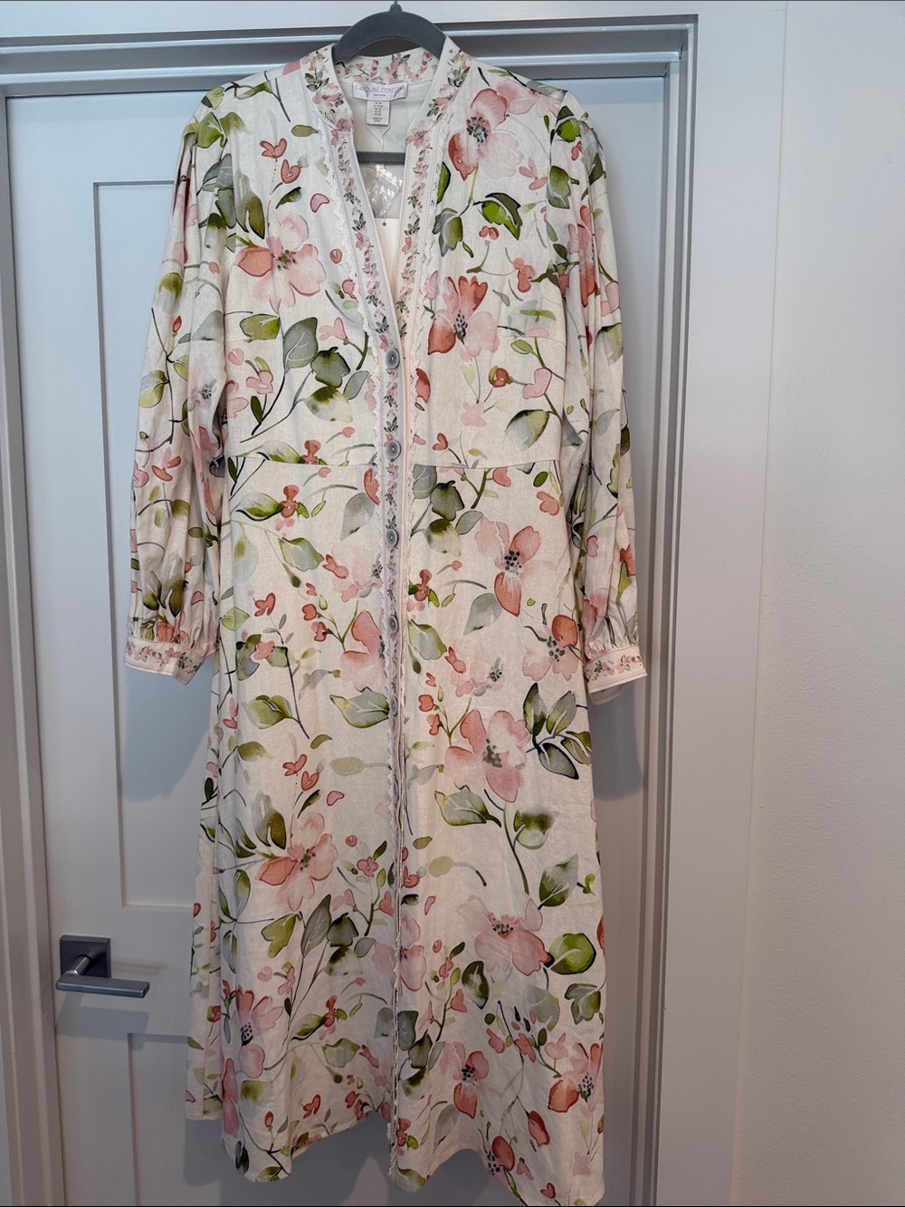 Caroline Constas Floral Longline Trench Coat - Pink & Green on Cream